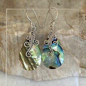 Sterling Silver 925 1.64" Abalone Shell Teardrop Scrollwork Dangle Earrings